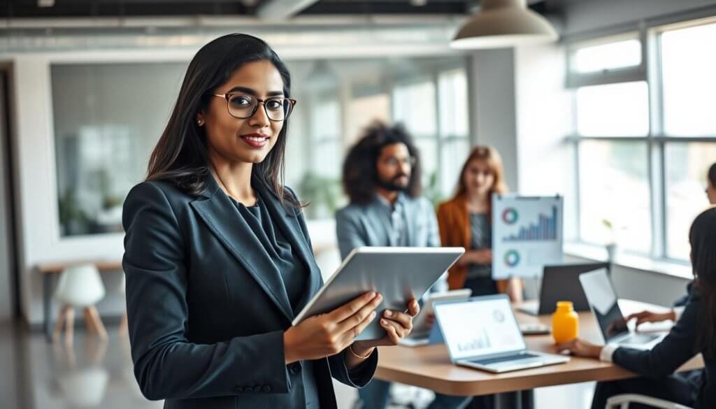 A crisp, modern office environment featuring a diverse group of professional businesspeople engaged in a vibrant brainstorming session about lead generation strategies. In the foreground, showcase a confident B2B founder, a South Asian woman in smart business attire, presenting innovative ideas on a sleek digital tablet. In the middle, a group of attentive colleagues, including a Caucasian man and an African American woman, are surrounded by laptops, charts, and graphs depicting growth metrics. The background reveals a bright, airy space with large windows letting in natural light, enhancing a productive atmosphere. Utilize soft, warm lighting to create an inviting mood, while maintaining focus on the team dynamics and the high-energy exchange of ideas. A crisp, modern office environment featuring a diverse group of professional businesspeople engaged in a vibrant brainstorming session about lead generation strategies. In the foreground, showcase a confident B2B founder, a South Asian woman in smart business attire, presenting innovative ideas on a sleek digital tablet. In the middle, a group of attentive colleagues, including a Caucasian man and an African American woman, are surrounded by laptops, charts, and graphs depicting growth metrics. The background reveals a bright, airy space with large windows letting in natural light, enhancing a productive atmosphere. Utilize soft, warm lighting to create an inviting mood, while maintaining focus on the team dynamics and the high-energy exchange of ideas.