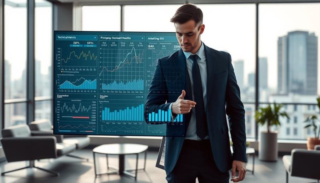 A detailed technical matrix displayed on a sleek digital interface, featuring dynamic graphs, performance metrics, and analytical data points. In the foreground, a professional individual in business attire is interacting with the matrix, analyzing data with a focused expression. The middle ground showcases a modern office environment with stylish furniture and large windows allowing natural light to pour in. In the background, subtle silhouettes of city skyscrapers can be seen through the glass, accentuating a progressive and innovative atmosphere. Soft, diffused lighting creates a calm yet serious mood, suggesting deep analytical thinking. The camera angle is slightly tilted to emphasize the interaction with the technical matrix, enhancing the high-tech feel of the image. No text is present in the image.