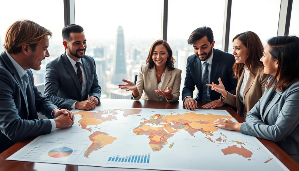 A diverse group of four professionals, two men and two women, engaged in a vibrant discussion around a large world map spread across a conference table. They are dressed in smart casual business attire, reflecting a modern, international workplace. The foreground highlights their focused expressions and hand gestures, indicating the navigation of complex language and market nuances. In the middle ground, various export documents and charts depicting trade statistics can be seen, hinting at logistical aspects of international trade. The background features a large window showcasing a skyline of a global city, with soft, natural daylight illuminating the scene. The overall mood is collaborative and dynamic, emphasizing the breaking down of barriers in international trade.