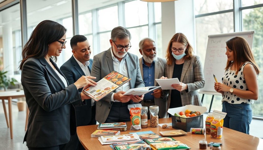 A diverse group of professional buyers, engaged in a dynamic discussion around a conference table showcasing various food products. In the foreground, a middle-aged South Asian woman in a business suit points to a colorful brochure, while a young African man in smart-casual attire takes notes on a tablet. In the middle ground, an elderly Caucasian man reviews a portfolio filled with product samples, and a Hispanic woman jots down ideas on a whiteboard. The background features a bright, modern office with large windows allowing natural light to stream in, creating an inviting, productive atmosphere. Use a wide-angle lens to capture the collaborative spirit, focusing on expressions of interest and engagement among the participants. A diverse group of professional buyers, engaged in a dynamic discussion around a conference table showcasing various food products. In the foreground, a middle-aged South Asian woman in a business suit points to a colorful brochure, while a young African man in smart-casual attire takes notes on a tablet. In the middle ground, an elderly Caucasian man reviews a portfolio filled with product samples, and a Hispanic woman jots down ideas on a whiteboard. The background features a bright, modern office with large windows allowing natural light to stream in, creating an inviting, productive atmosphere. Use a wide-angle lens to capture the collaborative spirit, focusing on expressions of interest and engagement among the participants.