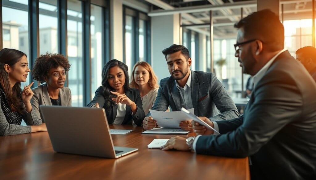 A diverse group of professionals gathered around a large table, deep in discussion about buyer personas for vertical SaaS. In the foreground, a middle-aged Black woman in a smart business suit points at a colorful chart, her expression engaged and focused. Next to her, a young Hispanic man in a casual but professional outfit takes notes, visibly interested. In the middle ground, a laptop displays graphs and diagrams related to target audience profiles. The background features a modern office setting with large windows letting in natural light, creating a bright and collaborative atmosphere. The mood is analytical and productive, emphasizing teamwork and strategy. The image should be shot from a slight angle to capture the interactions, with warm lighting enhancing the inviting environment.