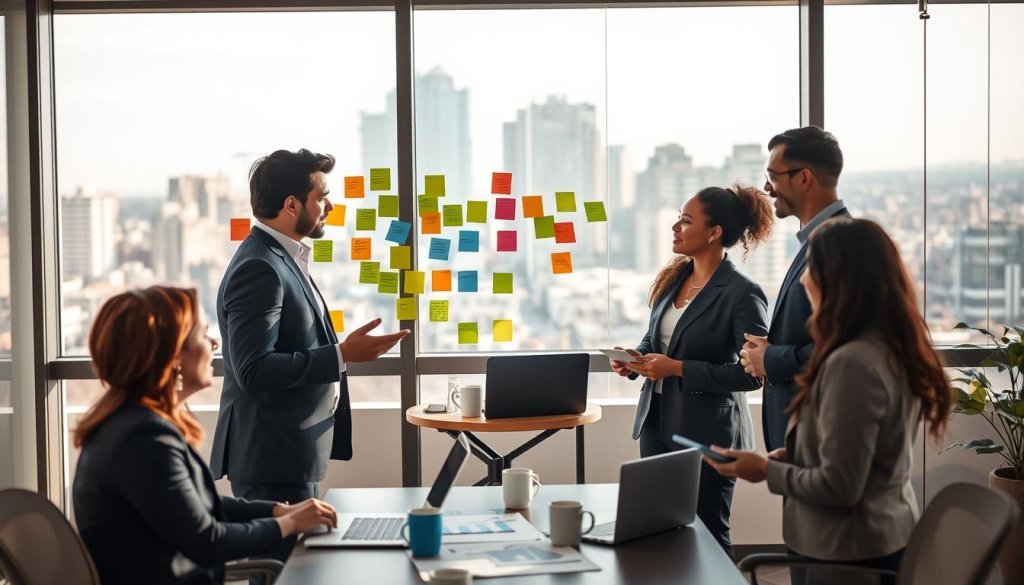 A diverse group of professionals in a modern office setting, engaged in a collaborative brainstorming session about messaging strategies for procurement teams. The foreground features two individuals, one male and one female, discussing ideas while surrounded by colorful sticky notes on a glass wall. In the middle ground, a small table holds laptops, charts, and coffee cups, indicating a dynamic work environment. The background showcases an expansive window with a cityscape view, letting in warm, natural light that creates a bright, inviting atmosphere. Soft shadows are cast, enhancing depth. The mood is focused yet creative, illustrating teamwork and innovation in crafting effective messaging for procurement professionals. All individuals are dressed in professional business attire.