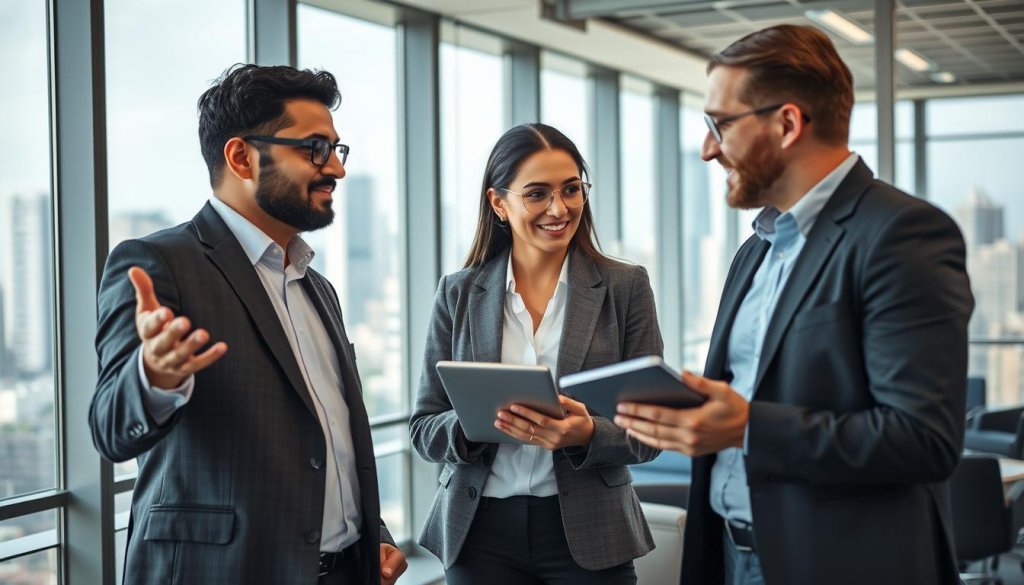 A diverse group of three professionals engaging in a dynamic discussion inside a modern office space. In the foreground, a South Asian man in a tailored suit gestures confidently while speaking, while a Middle-Eastern woman in a stylish blazer listens attentively, taking notes on a digital tablet. In the middle, a European woman in a smart-casual outfit reacts thoughtfully to the conversation, leaning slightly forward with a welcoming smile. The background features floor-to-ceiling windows with a view of a bustling city skyline, infusing the scene with natural light that creates a warm, inviting atmosphere. The image captures a sense of collaboration and mutual understanding, emphasizing professionalism and the essence of building sales-ready conversations. The shot is taken from a slightly angled perspective to add depth.