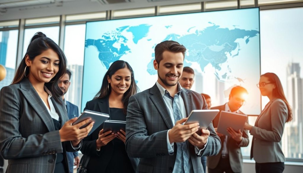 A dynamic and engaging scene illustrating the concept of leveraging digital platforms to connect with global importers. In the foreground, a diverse group of professionals, including a South Asian woman and a Caucasian man, dressed in smart business attire, are interacting with digital devices like tablets and laptops. In the middle ground, a large screen displays a world map dotted with connections highlighting major import markets. The background features a modern office space with large windows, city skyline visible under bright, natural daylight. The atmosphere is vibrant, professional, and collaborative, reflective of global trade possibilities. Use a wide-angle perspective to capture the interconnectedness of the individuals and digital technology, emphasizing clarity and a sense of innovation. A dynamic and engaging scene illustrating the concept of leveraging digital platforms to connect with global importers. In the foreground, a diverse group of professionals, including a South Asian woman and a Caucasian man, dressed in smart business attire, are interacting with digital devices like tablets and laptops. In the middle ground, a large screen displays a world map dotted with connections highlighting major import markets. The background features a modern office space with large windows, city skyline visible under bright, natural daylight. The atmosphere is vibrant, professional, and collaborative, reflective of global trade possibilities. Use a wide-angle perspective to capture the interconnectedness of the individuals and digital technology, emphasizing clarity and a sense of innovation.