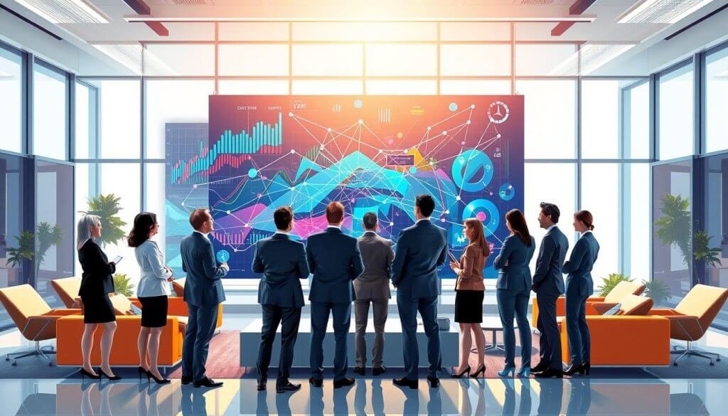 A dynamic and visually engaging illustration representing "multi-threaded buying patterns." In the foreground, a diverse group of professionals in smart business attire, engaged in discussions around a large digital screen displaying colorful graphs and interconnected lines, symbolizing data flow and decision-making paths. The middle layer features a blend of overlapping arrows and lines that depict various purchasing paths, reflecting complex data connections. The background is a modern office environment with sleek furniture and large windows that let in natural light, creating a bright, professional atmosphere. The mood is energetic and innovative, highlighting the fast-paced nature of buying patterns in the context of AI automation. The composition should utilize a wide-angle perspective to capture the collaborative environment, emphasizing the interplay of ideas.