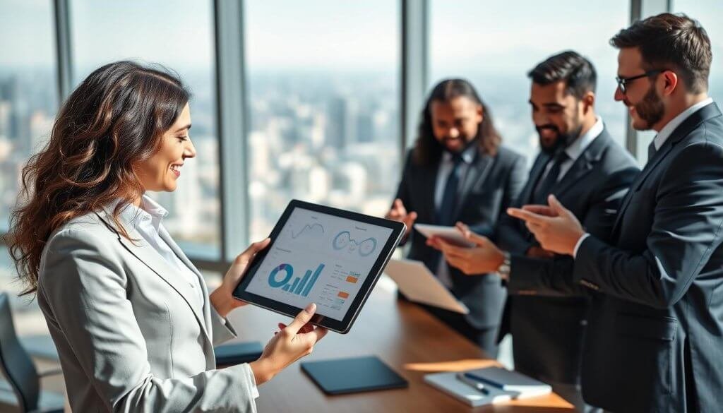 A dynamic business meeting scene in a modern office setting, highlighting a group of four diverse professionals in formal business attire deep in discussion. In the foreground, a female sales leader confidently presents data on a digital tablet, showcasing high ACV sales results with engaging charts and graphs. In the middle ground, two male colleagues analyze the reports, one taking notes, while the other gestures enthusiastically. The background features large windows with a panoramic city view, bright natural light flooding the room, creating a vibrant and optimistic atmosphere. Use a shallow depth of field to emphasize the professionals while softly blurring the background, capturing a focused and motivating mood in the image. A dynamic business meeting scene in a modern office setting, highlighting a group of four diverse professionals in formal business attire deep in discussion. In the foreground, a female sales leader confidently presents data on a digital tablet, showcasing high ACV sales results with engaging charts and graphs. In the middle ground, two male colleagues analyze the reports, one taking notes, while the other gestures enthusiastically. The background features large windows with a panoramic city view, bright natural light flooding the room, creating a vibrant and optimistic atmosphere. Use a shallow depth of field to emphasize the professionals while softly blurring the background, capturing a focused and motivating mood in the image.