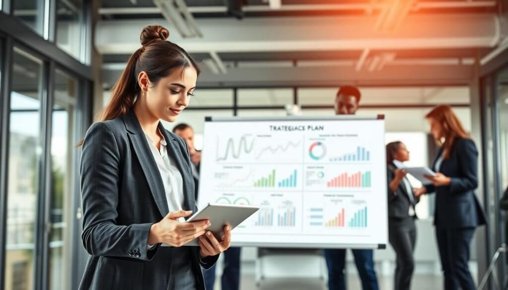 A dynamic corporate scene depicting a diverse group of professionals collaborating on a strategic plan. In the foreground, two individuals, a woman in a tailored blazer and a man in smart casual attire, are engaged in a discussion over a digital tablet, illustrating alignment of team goals and revenue objectives. In the middle ground, a whiteboard filled with charts and graphs showcases data-driven strategies, with additional team members in the background analyzing documents and brainstorming ideas. The backdrop features a modern office interior with large windows allowing natural light to flood the space, creating a bright and optimistic atmosphere. The image is captured with a soft focus to emphasize teamwork and collaboration, evoking a sense of purpose and unity in aligning people systems with revenue goals. A dynamic corporate scene depicting a diverse group of professionals collaborating on a strategic plan. In the foreground, two individuals, a woman in a tailored blazer and a man in smart casual attire, are engaged in a discussion over a digital tablet, illustrating alignment of team goals and revenue objectives. In the middle ground, a whiteboard filled with charts and graphs showcases data-driven strategies, with additional team members in the background analyzing documents and brainstorming ideas. The backdrop features a modern office interior with large windows allowing natural light to flood the space, creating a bright and optimistic atmosphere. The image is captured with a soft focus to emphasize teamwork and collaboration, evoking a sense of purpose and unity in aligning people systems with revenue goals.