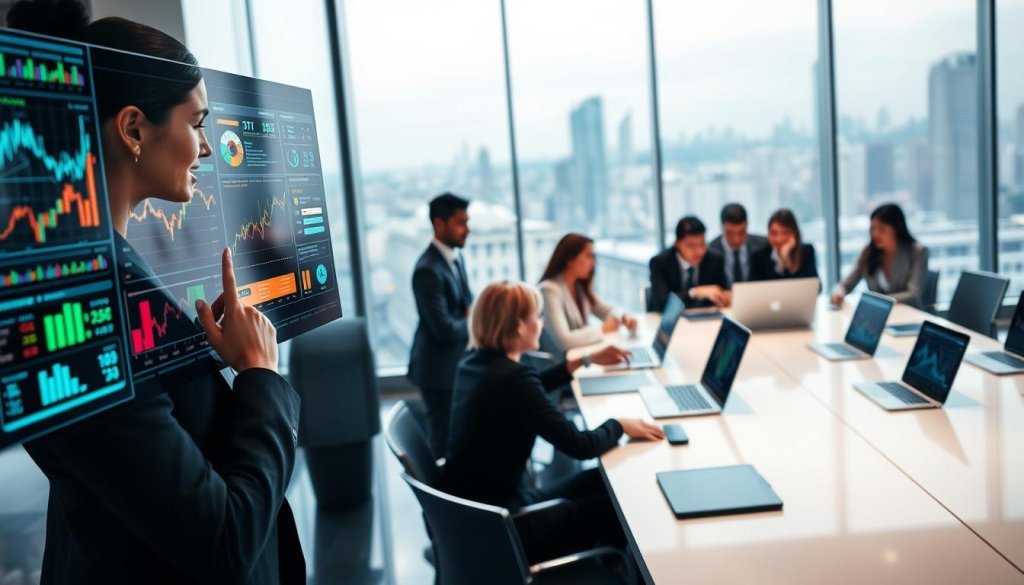 A dynamic digital workspace showcasing trade data insights within a global market context. In the foreground, a professional businesswoman in smart attire is analyzing complex charts and graphs on a futuristic touchscreen interface, with vibrant, color-coded data visualizations. In the middle ground, a diverse team of professionals, dressed in formal business attire, collaborates around a sleek conference table filled with laptops and tablets displaying real-time market analytics. The background features a large window with a panoramic city skyline, suggesting a modern, bustling international business hub. Soft, ambient lighting creates a focused yet innovative atmosphere, while shallow depth of field emphasizes the collaborative efforts of the team. The overall mood is one of efficiency and technological advancement in trade and export strategies. A dynamic digital workspace showcasing trade data insights within a global market context. In the foreground, a professional businesswoman in smart attire is analyzing complex charts and graphs on a futuristic touchscreen interface, with vibrant, color-coded data visualizations. In the middle ground, a diverse team of professionals, dressed in formal business attire, collaborates around a sleek conference table filled with laptops and tablets displaying real-time market analytics. The background features a large window with a panoramic city skyline, suggesting a modern, bustling international business hub. Soft, ambient lighting creates a focused yet innovative atmosphere, while shallow depth of field emphasizes the collaborative efforts of the team. The overall mood is one of efficiency and technological advancement in trade and export strategies.