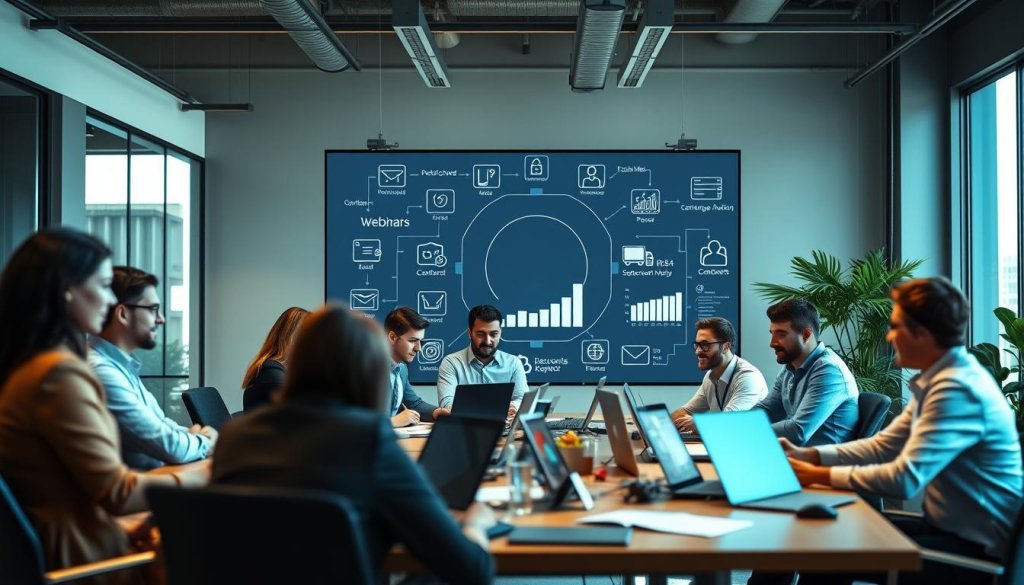 A dynamic office environment showcasing a diverse team of professionals engaged in multi-channel outreach tactics. In the foreground, a diverse group of businesspeople in professional attire strategizes around a conference table cluttered with laptops and digital devices. The middle ground features a large digital screen displaying various outreach platforms like email, social media, and webinars, with icons and graphs for emphasis. In the background, large windows let in bright natural light, illuminating the buzzing atmosphere. The overall mood is collaborative and innovative, with a focus on team unity and technology in the electronics export sector. The perspective is at a slight angle, giving depth to the scene, highlighting engagement and creativity without any text or distractions.