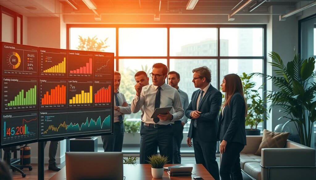 A dynamic office environment showcasing traditional lead generation metrics. In the foreground, a multi-screen digital dashboard displaying charts and graphs, including conversion rates, lead quality, and funnel stages, all lit with warm backlighting. In the middle, a diverse group of five professionals in business attire are engaged in a brainstorming session, studying the dashboard with expressions of concern and contemplation. They are surrounded by modern office decor, including sleek furniture and potted plants. In the background, large windows allow natural light to fill the space, casting soft shadows. The atmosphere is tense yet focused, emphasizing a struggle to adapt to changing market conditions. The scene captures the essence of outdated lead generation models. A dynamic office environment showcasing traditional lead generation metrics. In the foreground, a multi-screen digital dashboard displaying charts and graphs, including conversion rates, lead quality, and funnel stages, all lit with warm backlighting. In the middle, a diverse group of five professionals in business attire are engaged in a brainstorming session, studying the dashboard with expressions of concern and contemplation. They are surrounded by modern office decor, including sleek furniture and potted plants. In the background, large windows allow natural light to fill the space, casting soft shadows. The atmosphere is tense yet focused, emphasizing a struggle to adapt to changing market conditions. The scene captures the essence of outdated lead generation models.