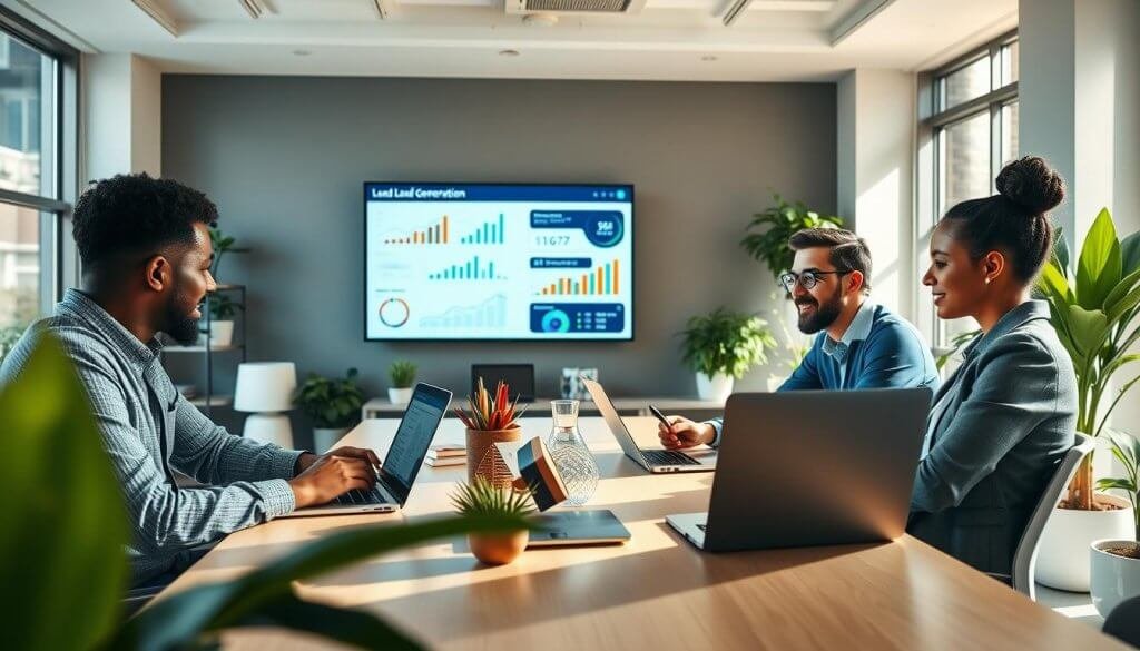A dynamic office setting showcasing a diverse team of professionals collaborating on outbound growth strategies for lead generation. In the foreground, a group of three individuals—two men and one woman—are seated around a modern conference table, discussing and analyzing data on their laptops. They are dressed in professional business attire. In the middle background, a large wall-mounted screen displays graphs and charts illustrating lead generation metrics. The ambiance is bright and energetic, with natural sunlight streaming through large windows, casting soft shadows. The room is decorated with plant life and contemporary decor, contributing to a creative yet focused atmosphere. The perspective is slightly elevated, presenting the scene from a corner angle for depth and engagement. A dynamic office setting showcasing a diverse team of professionals collaborating on outbound growth strategies for lead generation. In the foreground, a group of three individuals—two men and one woman—are seated around a modern conference table, discussing and analyzing data on their laptops. They are dressed in professional business attire. In the middle background, a large wall-mounted screen displays graphs and charts illustrating lead generation metrics. The ambiance is bright and energetic, with natural sunlight streaming through large windows, casting soft shadows. The room is decorated with plant life and contemporary decor, contributing to a creative yet focused atmosphere. The perspective is slightly elevated, presenting the scene from a corner angle for depth and engagement.