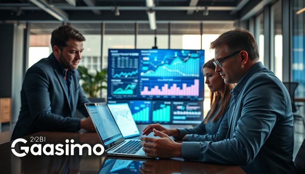 A dynamic workspace depicting professionals engaged in a strategic planning session for "Gasimo", a niche B2B SaaS platform focused on outbound growth. In the foreground, two businesspeople in professional attire are analyzing charts and graphs on a laptop, with vibrant visuals representing data flow and connections. The middle ground features a large digital screen displaying analytics and growth projections, infused with engaging colors like blue and green to indicate progress. The background shows a modern office environment with large windows allowing natural light to illuminate the space, creating a sense of openness and optimism. The mood is focused and collaborative, emphasizing innovation and strategic growth in a high-tech setting.