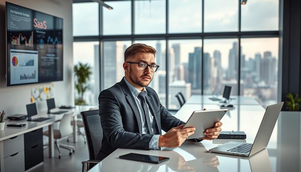 A focused business professional, labeled as a "SaaS buyer," is seated at a sleek modern desk, surrounded by high-tech gadgets and data analytics visuals on a wall-mounted screen. The foreground features a confident individual in professional business attire, reviewing a digital presentation on a tablet, showcasing charts and figures related to SaaS products. In the middle, a bright, open office environment highlights collaborative workspaces and brainstorming boards filled with sticky notes. The background displays large windows with a view of a bustling city skyline, emphasizing a dynamic business atmosphere. Soft, natural lighting enhances the scene, creating a productive and motivated mood. Use a standard lens angle to capture a clear and engaging composition, ensuring the focus remains on the buyer persona, emphasizing their role in the SaaS purchasing process.