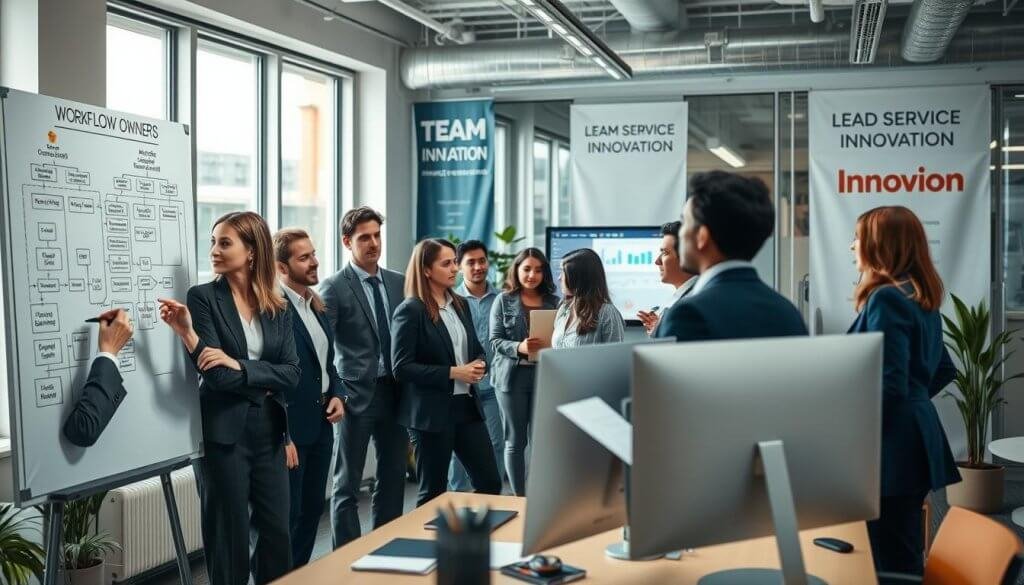 A focused office scene depicting a team of diverse professionals collaborating on a project, centered around the identification of workflow owners in a home services context. In the foreground, a woman in business attire is writing on a whiteboard filled with flowcharts and diagrams, showcasing various roles and responsibilities. The middle ground features a diverse group of employees engaged in discussion, with a man pointing at a computer screen displaying graphs and metrics. The background reveals a modern office environment with large windows letting in natural light, plants, and team banners emphasizing innovation. The atmosphere is collaborative and productive, suggesting a strategic planning session aimed at improving lead generation processes. Use soft, even lighting from the overhead fixtures to highlight the professionalism of the scene, shot at a slight angle to create depth.