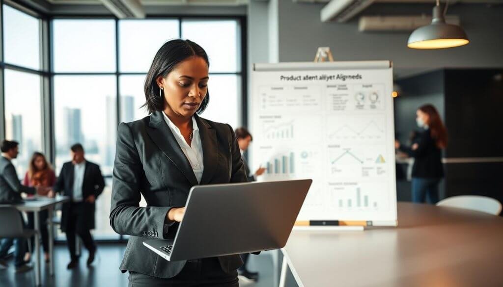 A focused, professional SaaS buyer stands in a modern office setting, analyzing data on a sleek laptop. In the foreground, the buyer, a middle-aged African American woman in a tailored business suit, displays a look of concentration as she reviews charts and graphs on the screen. The middle ground includes a large whiteboard filled with strategic notes and diagrams illustrating product development aligned with user needs. In the background, a collaborative workspace features soft lighting, large windows with a cityscape view, and colleagues discussing ideas. The atmosphere is dynamic yet calm, conveying a sense of innovation and teamwork. The image is marked by a well-balanced composition and natural lighting, capturing the essence of a forward-thinking business environment.
