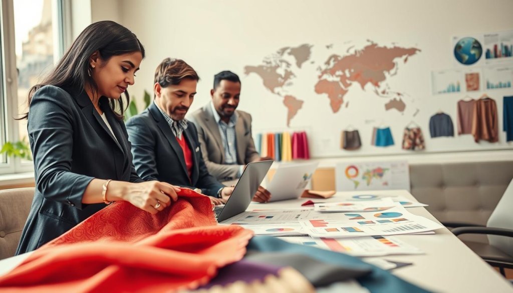 A focused, professional scene depicting a diverse group of business professionals engaged in a discussion about buyer profiles in the textile industry. In the foreground, a South Asian woman in business attire examines a colorful fabric swatch, while a middle-aged Caucasian man reviews a laptop screen showcasing data insights. In the middle layer, a large table is covered with textile samples, reports, and charts. In the background, a wall adorned with textile designs and a world map highlights global markets. Soft, natural lighting pours in from large windows, creating a collaborative atmosphere. The angle is slightly elevated to capture the engagement of the participants, conveying a sense of purpose and professionalism, ideal for illustrating key market strategies.