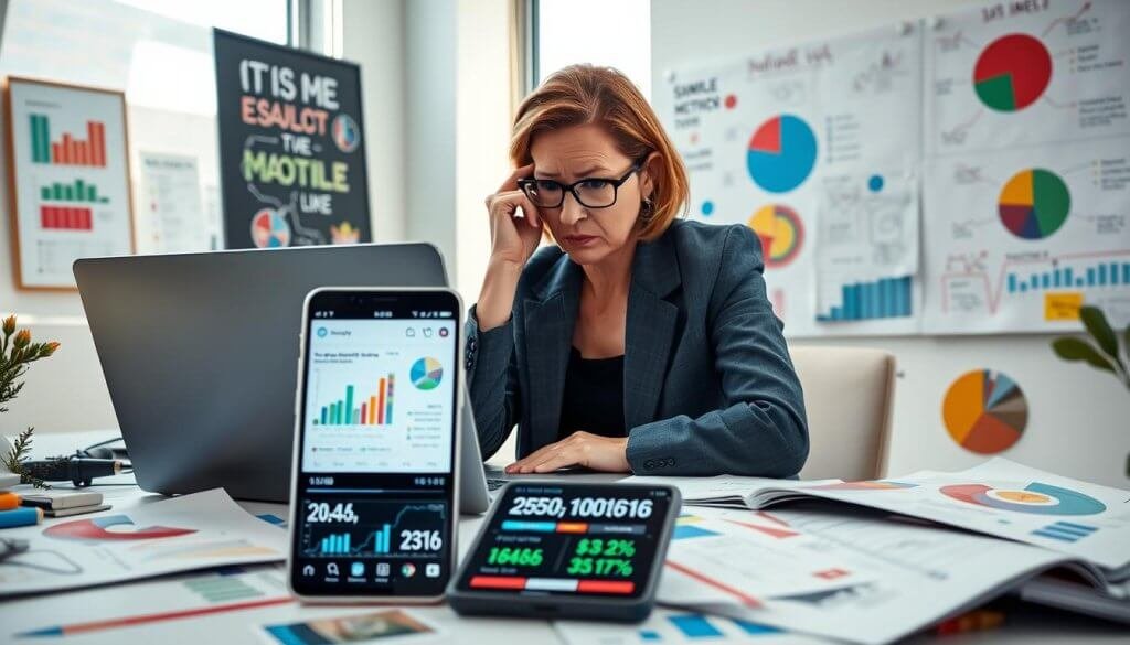 A frustrated B2B founder sitting at a modern desk cluttered with colorful charts and graphs, signifying a struggle with vanity metrics. The founder, a middle-aged woman in smart business attire, holds her head in one hand while staring at a laptop screen displaying overwhelming data visuals. In the foreground, a smartphone displays rising numbers of vanity metrics like follower counts and likes. In the middle ground, a messy whiteboard filled with crossed-out ideas and pie charts reflects confusion and misdirection. The background features a bright, sunlit office space with motivational posters. Soft, natural lighting emphasizes the tension in the scene, capturing the atmosphere of stress and the realization of misaligned priorities in lead generation. A frustrated B2B founder sitting at a modern desk cluttered with colorful charts and graphs, signifying a struggle with vanity metrics. The founder, a middle-aged woman in smart business attire, holds her head in one hand while staring at a laptop screen displaying overwhelming data visuals. In the foreground, a smartphone displays rising numbers of vanity metrics like follower counts and likes. In the middle ground, a messy whiteboard filled with crossed-out ideas and pie charts reflects confusion and misdirection. The background features a bright, sunlit office space with motivational posters. Soft, natural lighting emphasizes the tension in the scene, capturing the atmosphere of stress and the realization of misaligned priorities in lead generation.