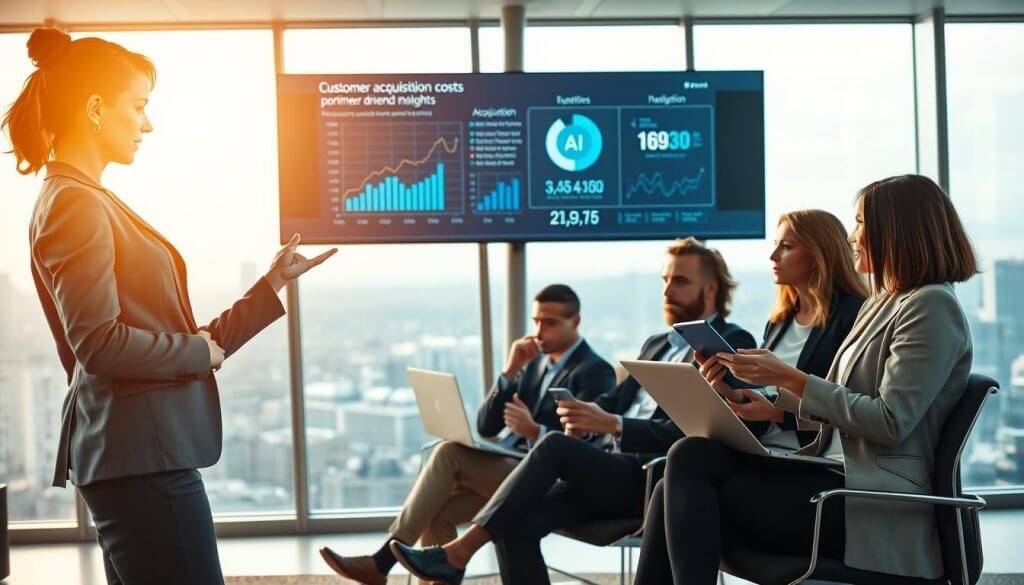 A futuristic office environment featuring a diverse group of three business professionals engaged in a dynamic brainstorming session. In the foreground, a confident woman in professional attire gestures towards a digital screen displaying data analytics and trends related to customer acquisition costs. In the middle ground, a man in a sleek suit sits with a laptop, examining AI-driven insights, while a woman in smart casual clothing holds a tablet, sharing ideas. The background shows floor-to-ceiling windows with a panoramic cityscape, symbolizing growth and opportunity. The lighting is bright and inspiring, with a warm, inviting atmosphere. The image conveys innovation, collaboration, and the effective application of AI in business.