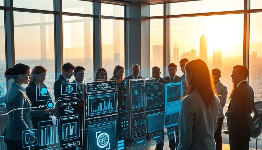 A futuristic office environment focused on AI workflow automation. In the foreground, a diverse group of professionals dressed in business attire collaborates around a digital interface displaying intricate data flows and automation processes. The middle ground shows transparent screens with graphs and algorithms illustrating the efficiency and compliance features of AI, with vibrant blue and green accents reflecting a technological ambiance. In the background, large windows offer a view of a modern city skyline, enhanced by a bright, warm glow from the morning sun, symbolizing innovation and progress. The lighting is soft yet illuminating, creating a sense of optimism and forward-thinking. The overall atmosphere is dynamic and inspiring, encapsulating the essence of understanding AI workflow automation outbound.