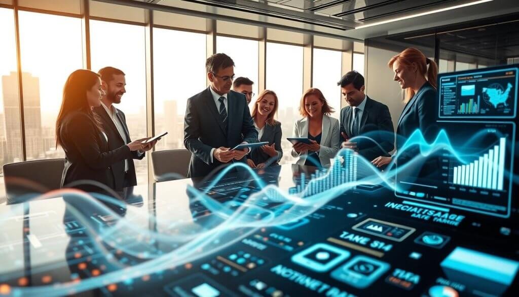 A futuristic office setting where a diverse group of professionals in smart business attire are engaged in analyzing complex data. In the foreground, a digital screen displays flowing streams of unstructured data transforming into clear, visual graphs and actionable insights. The middle ground features individuals collaborating around a sleek conference table, studying digital tablets and gesturing excitedly. The background showcases a high-tech environment with large windows revealing a cityscape under soft morning light, highlighting the sense of innovation and progress. The scene is imbued with a professional and optimistic atmosphere, emphasizing teamwork and the power of data-driven decision-making. The camera angle captures the depth of the room, focusing on the engaged expressions of the team members as they navigate the data transformation process.