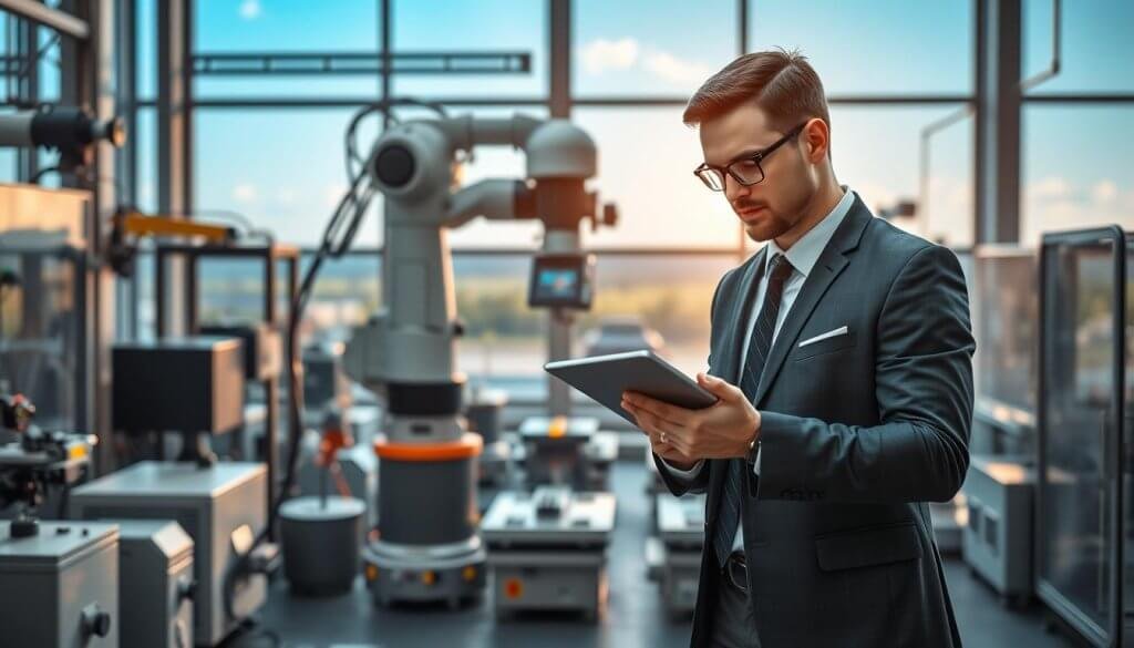 A high-tech manufacturing facility equipped with advanced machinery, showcasing a precision targeting system in action. In the foreground, a professional engineer in business attire meticulously monitors data on a sleek tablet while standing beside a state-of-the-art robotic arm. The middle ground features various tasks being performed by different machines, highlighting the seamless integration of AI in manufacturing processes. The background displays large windows with a view of a vibrant, modern industrial landscape under clear blue skies. Soft, ambient lighting illuminates the scene, creating a clean, innovative atmosphere. The composition is captured using a shallow depth of field to emphasize the engineer and the robotic arm while subtly blurring the background, suggesting a focused approach to manufacturing lead generation through AI technology. A high-tech manufacturing facility equipped with advanced machinery, showcasing a precision targeting system in action. In the foreground, a professional engineer in business attire meticulously monitors data on a sleek tablet while standing beside a state-of-the-art robotic arm. The middle ground features various tasks being performed by different machines, highlighting the seamless integration of AI in manufacturing processes. The background displays large windows with a view of a vibrant, modern industrial landscape under clear blue skies. Soft, ambient lighting illuminates the scene, creating a clean, innovative atmosphere. The composition is captured using a shallow depth of field to emphasize the engineer and the robotic arm while subtly blurring the background, suggesting a focused approach to manufacturing lead generation through AI technology.