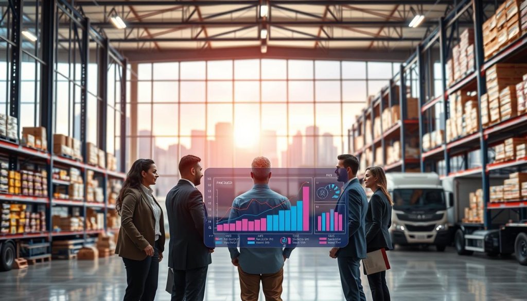 A modern, bright logistics and distribution center set against a vibrant urban skyline. In the foreground, a diverse team of professionals in business attire is engaged in discussion around a high-tech digital inventory management screen displaying graphs and statistics on inventory levels and supply chain efficiency. In the middle, shelves filled with various FMCG products, indicating a well-organized stock. The background features large windows allowing natural light to illuminate the space, with trucks ready for loading. The atmosphere is dynamic and collaborative, conveying a sense of progress and innovation in inventory optimization, with a soft-focus effect on the background to emphasize the central scene.