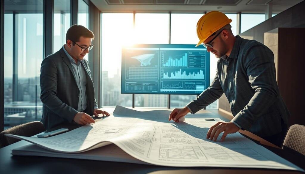 A modern construction project office scene, featuring an architect and an engineer closely analyzing detailed blueprints spread out on a large table in the foreground. Both professionals are dressed in smart casual clothing, exuding focus and collaboration. In the middle ground, a high-tech digital screen displays 3D models and data analytics highlighting design accuracy and project timelines. The background showcases a city skyline through large windows, bathed in soft, natural sunlight, creating an atmosphere of innovation and ambition. Use a wide-angle lens to emphasize the space and include slight depth of field to focus on the professionals and blueprints. The overall mood is dynamic and forward-thinking, reflecting the transformative impact of AI on design and preconstruction accuracy in the construction industry. A modern construction project office scene, featuring an architect and an engineer closely analyzing detailed blueprints spread out on a large table in the foreground. Both professionals are dressed in smart casual clothing, exuding focus and collaboration. In the middle ground, a high-tech digital screen displays 3D models and data analytics highlighting design accuracy and project timelines. The background showcases a city skyline through large windows, bathed in soft, natural sunlight, creating an atmosphere of innovation and ambition. Use a wide-angle lens to emphasize the space and include slight depth of field to focus on the professionals and blueprints. The overall mood is dynamic and forward-thinking, reflecting the transformative impact of AI on design and preconstruction accuracy in the construction industry.
