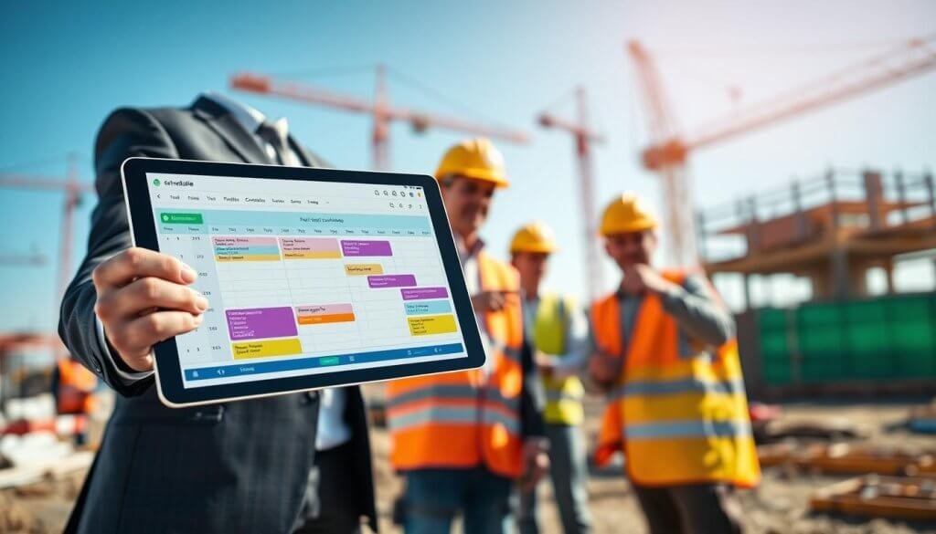 A modern construction site featuring a digital field scheduling interface displayed on a sleek tablet held by a professional in business attire. In the foreground, the tablet shows a colorful, organized timeline and project milestones, with highlighted tasks and deadlines. The middle ground reveals construction workers coordinating their activities, pointing towards the tablet, engaged in discussion. The background showcases a busy construction scene, with cranes and scaffolding under a clear blue sky. The lighting is bright and natural, emphasizing productivity and collaboration, with a slight focus blur on the background, creating a sense of depth. The overall mood conveys innovation and efficiency, highlighting the transformative impact of AI-driven scheduling in construction. A modern construction site featuring a digital field scheduling interface displayed on a sleek tablet held by a professional in business attire. In the foreground, the tablet shows a colorful, organized timeline and project milestones, with highlighted tasks and deadlines. The middle ground reveals construction workers coordinating their activities, pointing towards the tablet, engaged in discussion. The background showcases a busy construction scene, with cranes and scaffolding under a clear blue sky. The lighting is bright and natural, emphasizing productivity and collaboration, with a slight focus blur on the background, creating a sense of depth. The overall mood conveys innovation and efficiency, highlighting the transformative impact of AI-driven scheduling in construction.