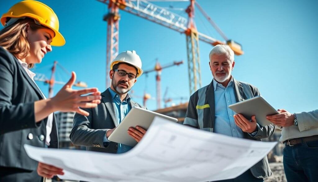 A modern construction site featuring a diverse group of three professionals engaged in a discussion around digital tablets and blueprints. In the foreground, a middle-aged woman in business attire gestures towards the plans, while a young man in a safety helmet takes notes. To the side, a senior engineer pauses thoughtfully, analyzing data on a tablet. The background displays cranes and construction materials, under a clear blue sky. Bright, natural lighting illuminates the scene, creating a clear and optimistic atmosphere. The image captures the essence of collaboration and strategic planning, emphasizing the role of technology in construction conversations, with a focus on professionalism and teamwork. A modern construction site featuring a diverse group of three professionals engaged in a discussion around digital tablets and blueprints. In the foreground, a middle-aged woman in business attire gestures towards the plans, while a young man in a safety helmet takes notes. To the side, a senior engineer pauses thoughtfully, analyzing data on a tablet. The background displays cranes and construction materials, under a clear blue sky. Bright, natural lighting illuminates the scene, creating a clear and optimistic atmosphere. The image captures the essence of collaboration and strategic planning, emphasizing the role of technology in construction conversations, with a focus on professionalism and teamwork.