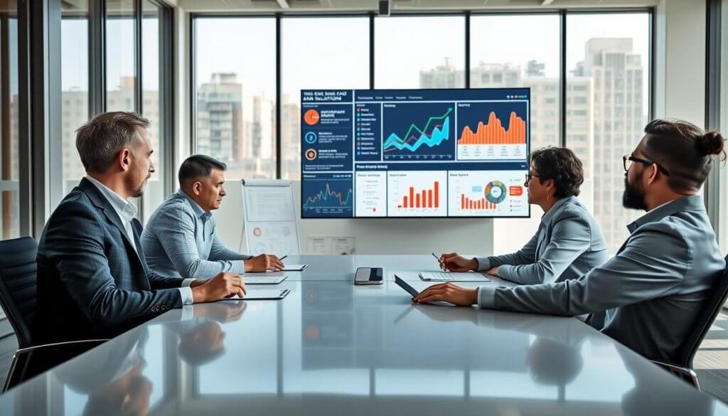 A modern corporate office environment showcasing a strategic business meeting. In the foreground, a diverse group of three professionals—two men and one woman—sit at a sleek conference table, intensely discussing data analytics displayed on a large wall screen. The individuals are dressed in professional business attire, radiating focus and collaboration. In the middle ground, visuals of flowcharts and software interfaces representing niche B2B SaaS solutions are subtly incorporated into the background. The lighting is bright and clear, with natural sunlight streaming through large windows, creating a professional yet approachable atmosphere. The camera angle is slightly elevated, giving a comprehensive view of the meeting dynamics and the strategic advantages being discussed. The overall mood conveys innovation, strategic planning, and the benefits of targeted business solutions.
