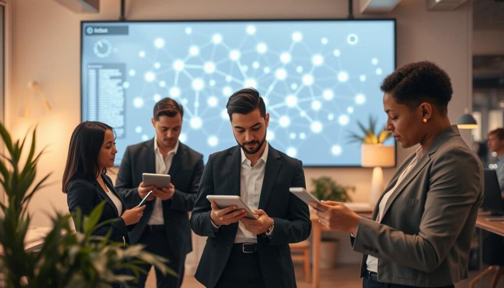 A modern office environment depicting seamless lead management through automation. In the foreground, a diverse group of three professionals wearing smart business attire is engaged in discussion, analyzing data on sleek digital devices. The middle ground features a large screen displaying interconnected nodes symbolizing an automated lead management system. Soft ambient lighting enhances the atmosphere, creating a sense of collaboration and innovation. The background shows a contemporary workspace with plants and minimalist decor, highlighting a productive and inviting ambiance. The focus is on synergy, with a warm color palette suggesting creativity and efficiency. The camera angle is slightly elevated, providing a dynamic perspective that captures the integration of technology and teamwork.
