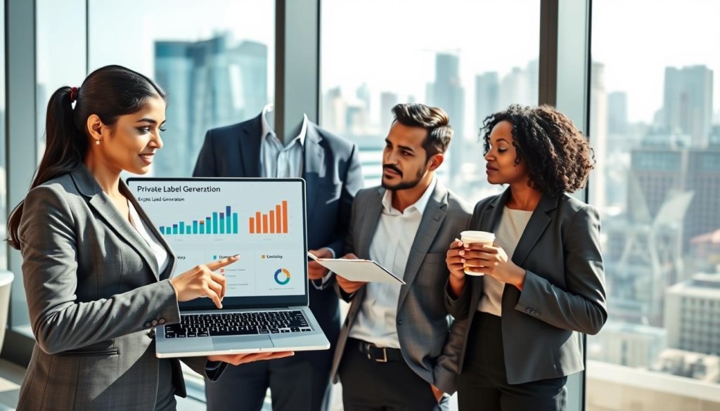 A modern office environment featuring a diverse group of three professionals engaged in a discussion about private label services. In the foreground, a South Asian woman in a smart business suit points at a laptop screen displaying data analytics related to export lead generation. In the middle, a Caucasian man, also in professional attire, takes notes while a Black woman, dressed in a tasteful business outfit, looks on thoughtfully, holding a coffee cup. The background showcases a glass wall with a city skyline view, symbolizing global trade connectivity. Bright, natural lighting streaming in creates an optimistic atmosphere, reflecting the potential of modern trade. The scene captures collaboration, professionalism, and innovation, free of any text or distractions. A modern office environment featuring a diverse group of three professionals engaged in a discussion about private label services. In the foreground, a South Asian woman in a smart business suit points at a laptop screen displaying data analytics related to export lead generation. In the middle, a Caucasian man, also in professional attire, takes notes while a Black woman, dressed in a tasteful business outfit, looks on thoughtfully, holding a coffee cup. The background showcases a glass wall with a city skyline view, symbolizing global trade connectivity. Bright, natural lighting streaming in creates an optimistic atmosphere, reflecting the potential of modern trade. The scene captures collaboration, professionalism, and innovation, free of any text or distractions.