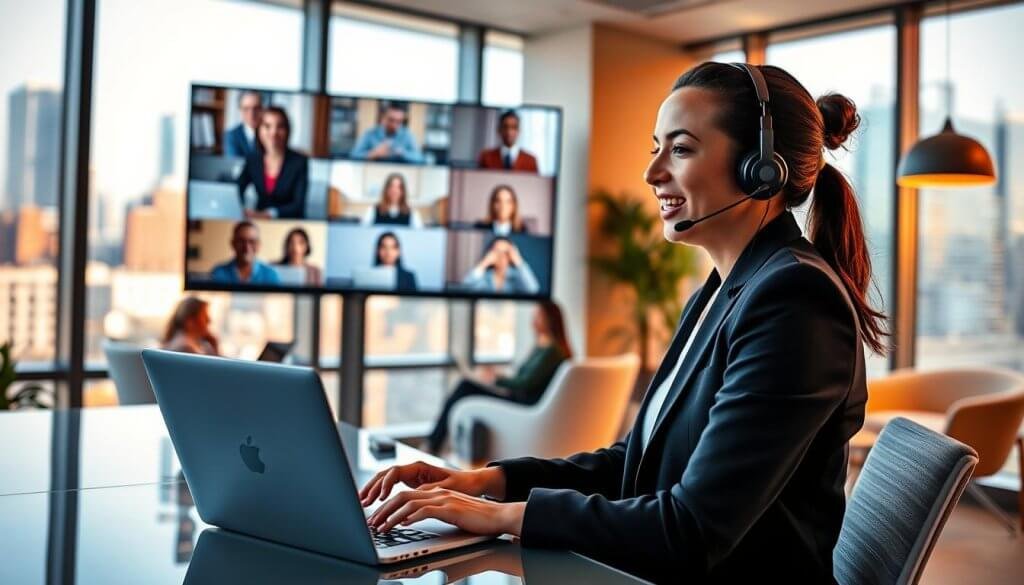 A modern office environment featuring a diverse team of professionals engaged in a video call, demonstrating the concept of outsourced outbound sales for vertical SaaS. In the foreground, a focused woman in professional business attire, seated at a sleek desk with a laptop and headset, is talking animatedly. In the middle, colleagues appear on a large screen, each working from their own stylish remote locations, showcasing an international collaboration. The background includes large windows with a cityscape view, bathed in warm, natural lighting that creates an inviting atmosphere. The scene conveys productivity and teamwork, emphasizing the effectiveness of outsourcing against in-house hiring. The overall mood is vibrant and professional, capturing the essence of innovative sales strategies.