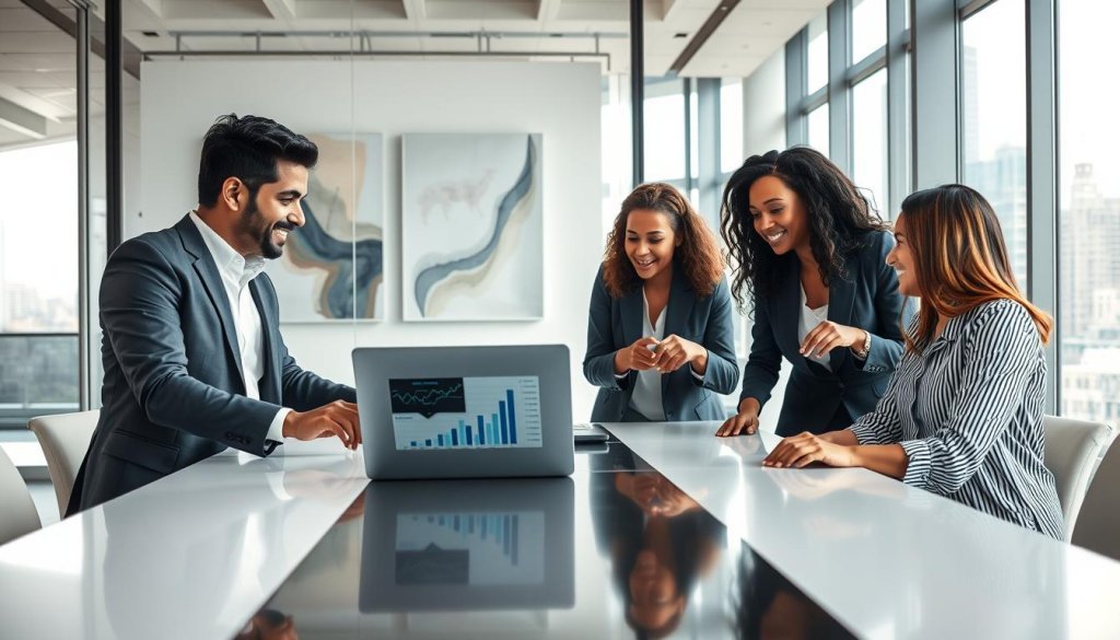 A modern office environment showcasing a diverse group of four business professionals engaged in dynamic conversation around a sleek conference table. In the foreground, two professionals—one South Asian male in a tailored suit and one Black female in a smart blouse—are actively discussing while pointing at a laptop screen displaying graphs and charts. The middle layer features a glass wall adorned with abstract art, fostering a creative atmosphere, with soft natural light filtering through. In the background, a cityscape is visible through large windows, highlighting a bustling urban vibe. The mood is collaborative and energetic, emphasizing the importance of qualified commercial conversations. The image is captured with a wide-angle lens to encapsulate the full setting, optimally lit to convey professionalism and warmth.