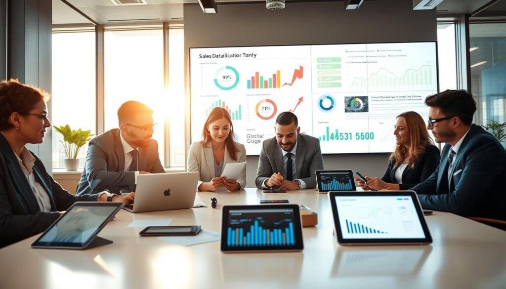 A modern office environment showcasing a diverse group of professionals engaged in a data-driven sales strategy meeting. In the foreground, a multi-ethnic team, dressed in professional business attire, analyzes charts and graphs on a laptop, with expressions of concentration and collaboration. The middle ground features a sleek conference table adorned with tablet devices displaying key performance indicators, sales metrics, and customer profiles. Behind them, large windows allow natural light to flood the room, casting soft shadows and creating a warm, inviting atmosphere. The background displays a digital screen with visually appealing infographics that highlight the importance of data in sales qualification, adding depth to the scene. The overall mood is one of focus and innovation, emphasizing the critical role of data in modern sales qualification processes.