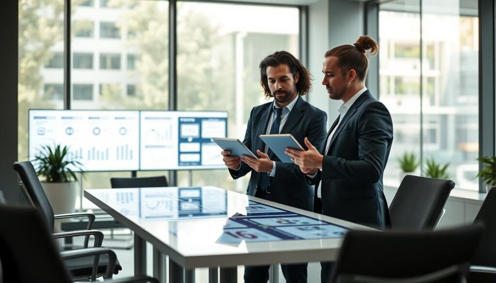 A modern office environment with a focus on teamwork and efficiency in streamlining workflows for sales handoffs. In the foreground, two professionals in smart business attire are engaged in a dynamic discussion, reviewing digital workflows on a tablet. The middle ground features a sleek conference table surrounded by digital screens displaying flowcharts and sales metrics, emphasizing data-driven decision-making. In the background, large windows let in bright, natural light, creating a lively atmosphere that inspires collaboration. The scene conveys a sense of urgency and purpose, with a slight depth of field effect to focus on the professionals while softly blurring the background elements. Overall, the image captures the essence of optimizing sales processes through teamwork and technology.