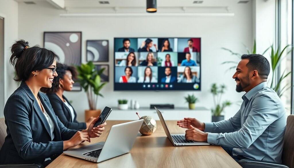 A modern office setting showcasing a diverse group of professionals engaged in a virtual meeting. In the foreground, two businesspeople – a woman in a tailored suit and a man in smart casual attire – are animatedly discussing ideas, with laptops and tablets in front of them. In the middle ground, a large screen displays a vibrant video call with several other team members, highlighting collaboration. The background features a sleek office design with inspirational technology-related artwork and plants. Soft, natural lighting from large windows creates a warm and inviting atmosphere. The image should evoke a sense of productivity, innovation, and teamwork, emphasizing the importance of qualified conversations in driving success for AI SaaS companies.