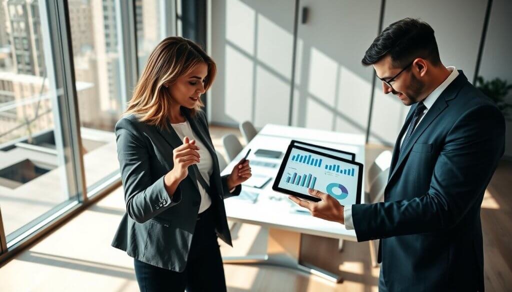 A modern office setting showcasing a dynamic discussion on performance linked pricing. In the foreground, two professional individuals, a woman and a man, are analyzing a digital tablet displaying graphs and metrics related to revenue sharing. Both are dressed in formal business attire, exuding focus and engagement. In the middle ground, a sleek conference table is visible, scattered with papers and data charts. The background features large windows allowing natural light to flood the room, creating a warm and inviting atmosphere. Soft shadows play across the floor and walls, emphasizing a collaborative mood. The scene is captured with a slight angle, suggesting depth and interest, giving a sense of ongoing conversation and exploration of financial concepts. A modern office setting showcasing a dynamic discussion on performance linked pricing. In the foreground, two professional individuals, a woman and a man, are analyzing a digital tablet displaying graphs and metrics related to revenue sharing. Both are dressed in formal business attire, exuding focus and engagement. In the middle ground, a sleek conference table is visible, scattered with papers and data charts. The background features large windows allowing natural light to flood the room, creating a warm and inviting atmosphere. Soft shadows play across the floor and walls, emphasizing a collaborative mood. The scene is captured with a slight angle, suggesting depth and interest, giving a sense of ongoing conversation and exploration of financial concepts.