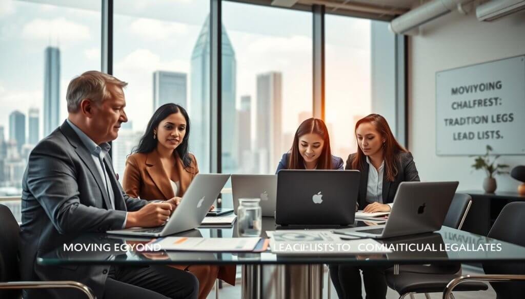 A modern office setting, showcasing a professional B2B workspace. In the foreground, a diverse group of three business professionals—a middle-aged Caucasian man in a suit, a young South Asian woman in smart casual attire, and a Hispanic woman wearing business attire—are engaged in a vibrant discussion around a glass table filled with laptops, charts, and digital devices. In the middle ground, a large window shows a bustling cityscape with skyscrapers, symbolizing growth and opportunity. The lighting is bright and airy, enhancing the atmosphere of innovation and collaboration. The background features a sleek, minimalist office design with motivational decor, conveying a sense of progress and moving beyond traditional lead lists to meaningful commercial conversations.