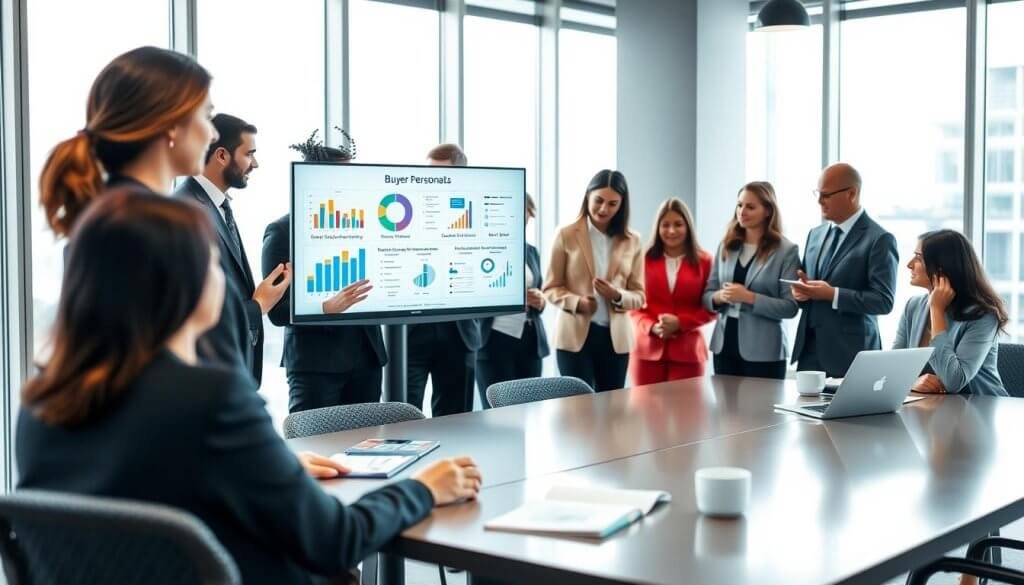 A modern office setting where a diverse group of professionals in business attire collaborate around a sleek conference table. In the foreground, a confident woman of Asian descent presents a series of colorful charts and graphics on a laptop screen, illustrating various buyer personas and messaging strategies. The middle ground features colleagues engaged in discussions, taking notes, and brainstorming, with a notepad and coffee cups scattered on the table. The background showcases large windows with natural light streaming in, illuminating the space and creating a motivating atmosphere. The scene is captured with a slight depth of field, focusing on the presenters while softly blurring the background, enhancing the sense of teamwork and professionalism. The mood is dynamic, inspiring, and collaborative. A modern office setting where a diverse group of professionals in business attire collaborate around a sleek conference table. In the foreground, a confident woman of Asian descent presents a series of colorful charts and graphics on a laptop screen, illustrating various buyer personas and messaging strategies. The middle ground features colleagues engaged in discussions, taking notes, and brainstorming, with a notepad and coffee cups scattered on the table. The background showcases large windows with natural light streaming in, illuminating the space and creating a motivating atmosphere. The scene is captured with a slight depth of field, focusing on the presenters while softly blurring the background, enhancing the sense of teamwork and professionalism. The mood is dynamic, inspiring, and collaborative.