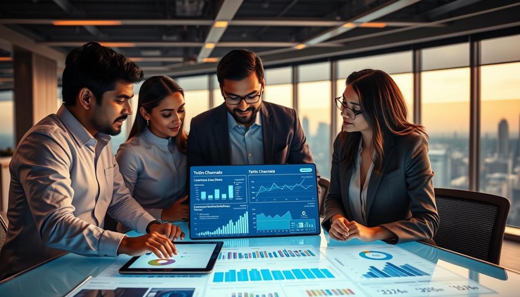 A modern office setting where diverse professionals engage in strategic discussions around a digital table filled with charts and analytics. In the foreground, two Indian marketers, one male and one female, are examining a colorful infographic on a tablet, showcasing testing channels and offers related to consumer goods. The middle ground features a large digital screen displaying graphs of campaign performance metrics, illuminated in soft blue light. The background has a panoramic view of a city skyline through large windows, creating a sense of ambition and opportunity. The atmosphere is one of collaboration and innovation, with warm, inviting lighting highlighting focused expressions on the professionals' faces, all dressed in smart business attire. The image is crisp, captured at eye level to embody a dynamic workspace focused on strategic growth. A modern office setting where diverse professionals engage in strategic discussions around a digital table filled with charts and analytics. In the foreground, two Indian marketers, one male and one female, are examining a colorful infographic on a tablet, showcasing testing channels and offers related to consumer goods. The middle ground features a large digital screen displaying graphs of campaign performance metrics, illuminated in soft blue light. The background has a panoramic view of a city skyline through large windows, creating a sense of ambition and opportunity. The atmosphere is one of collaboration and innovation, with warm, inviting lighting highlighting focused expressions on the professionals' faces, all dressed in smart business attire. The image is crisp, captured at eye level to embody a dynamic workspace focused on strategic growth.