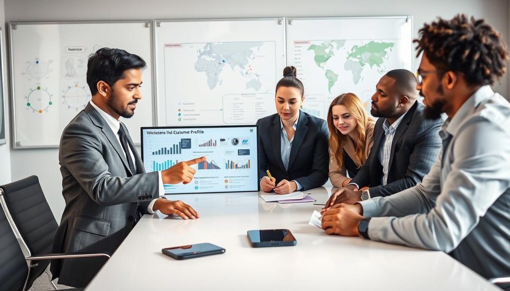 A modern office setting with a diverse team of professionals gathered around a sleek conference table, deeply engaged in a discussion about an ideal customer profile for electronics export. In the foreground, a South Asian male in a smart suit points at a digital screen displaying charts and graphs related to target markets. Beside him, a Caucasian female in professional attire takes notes, while an African American male in business casual leans in to share ideas. The background shows a whiteboard filled with market segmentation diagrams and country flags. Bright, natural lighting fills the room, highlighting the team's collaboration. The atmosphere is focused and dynamic, capturing the essence of lead generation strategies in the electronics export industry.
