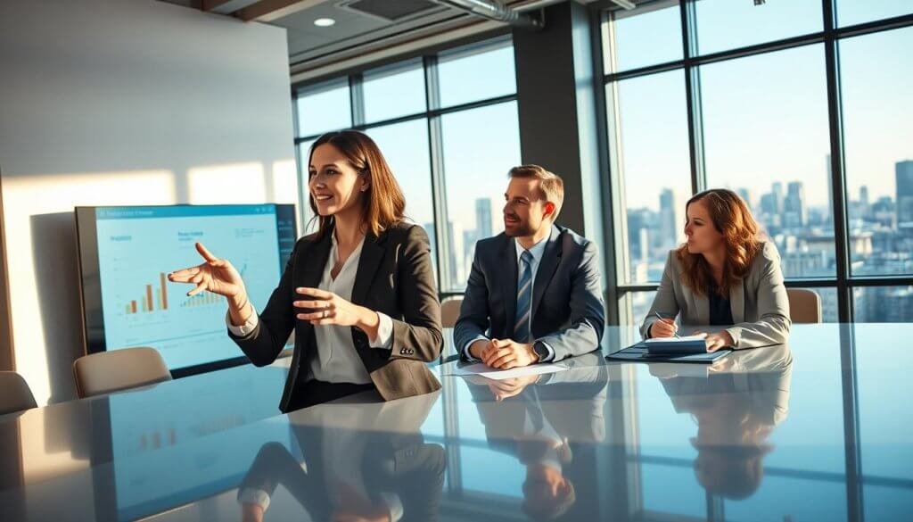 A modern office space bustling with activity, featuring a diverse group of professionals engaged in animated discussions around a sleek conference table. In the foreground, a young woman in smart business attire gestures towards a digital presentation displaying data insights on a large screen. Behind her, a middle-aged man, also dressed professionally, listens intently, jotting down notes. Soft, diffused lighting fills the room, creating a warm and inviting atmosphere, while large windows in the background reveal a city skyline under a clear blue sky. The image captures the essence of collaboration and strategic conversation, conveying a sense of innovation, productivity, and professionalism. The angle is slightly elevated to give a comprehensive view of the collaboration in action.