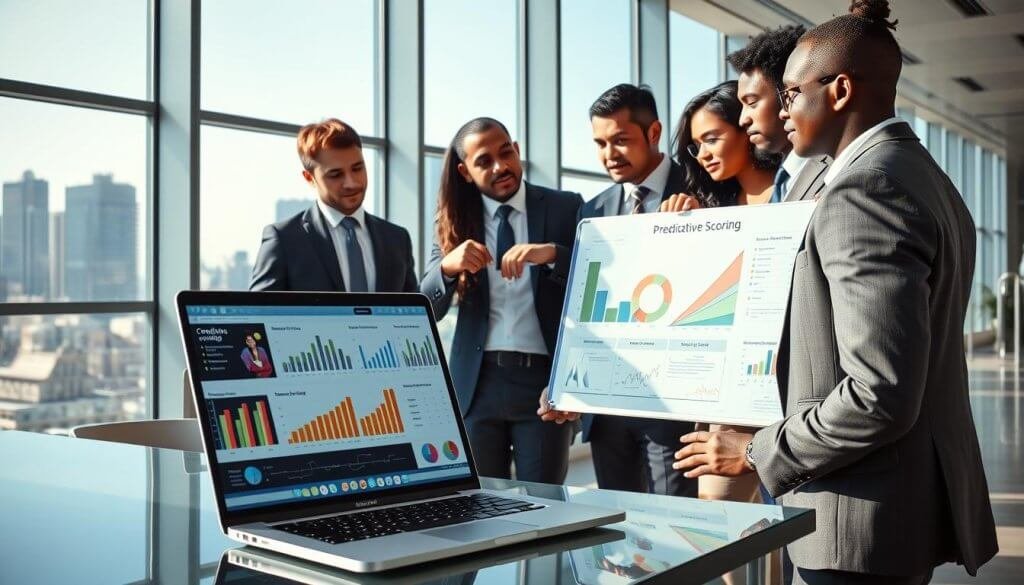 A modern office space, filled with natural light from large windows, showing a diverse group of professionals (Caucasian, Asian, Hispanic, and Black) dressed in smart business attire, engaged in discussion around a digital whiteboard displaying colorful charts and graphs related to predictive scoring. The foreground features a close-up of a laptop with data analytics software open, highlighting key metrics and trends. In the middle ground, team members collaborate, pointing towards a flowchart illustrating customer needs forecasting, while in the background, a city skyline is visible through the glass, creating a sense of innovation and technology. The overall mood is dynamic and focused, with a bright color palette and crisp shadows emphasizing an atmosphere of professionalism and forward-thinking strategies.