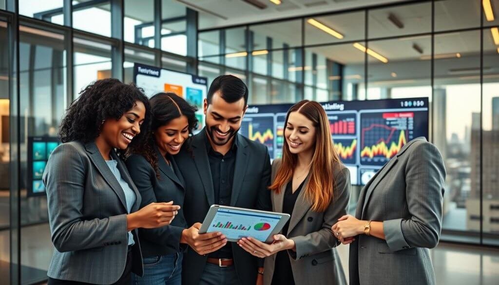 A modern office space showcasing teams engaged in collaborative discussions about account-based strategies. In the foreground, a diverse group of professionals in business attire—three individuals, a Black woman, a Hispanic man, and a Caucasian woman—are examining a digital tablet with graphs and analytics, smiling and engaged. In the middle ground, large screens display colorful data visualizations and strategic plans. The background features sleek glass walls with city skyline views, natural light streaming through. The atmosphere is energetic and focused, emphasizing teamwork and innovation. Use soft, warm lighting to create an inviting ambiance, and a wide-angle perspective to capture the dynamic environment. A modern office space showcasing teams engaged in collaborative discussions about account-based strategies. In the foreground, a diverse group of professionals in business attire—three individuals, a Black woman, a Hispanic man, and a Caucasian woman—are examining a digital tablet with graphs and analytics, smiling and engaged. In the middle ground, large screens display colorful data visualizations and strategic plans. The background features sleek glass walls with city skyline views, natural light streaming through. The atmosphere is energetic and focused, emphasizing teamwork and innovation. Use soft, warm lighting to create an inviting ambiance, and a wide-angle perspective to capture the dynamic environment.