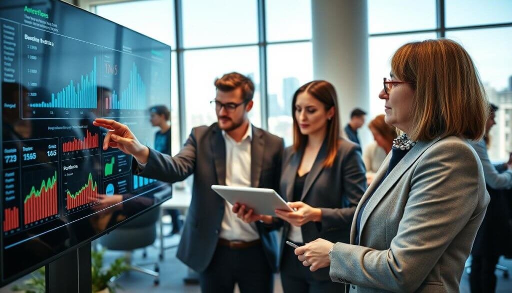 A modern office workspace bustling with energy, featuring a diverse group of professionals analyzing data on sleek digital interfaces and smart devices. In the foreground, a middle-aged woman in professional attire is pointing at a vibrant dashboard displaying real-time analytics and business metrics. In the middle ground, two colleagues, a young man in business casual and a woman in a business suit, discuss insights over a tablet. The background showcases large windows with a city skyline, allowing natural light to fill the space. The atmosphere is dynamic and collaborative, with a focus on innovation and efficiency. Capture this scene from a slightly elevated angle to highlight the teamwork and technology integration. Bright, artificial lighting complements the natural light, enhancing clarity and focus.