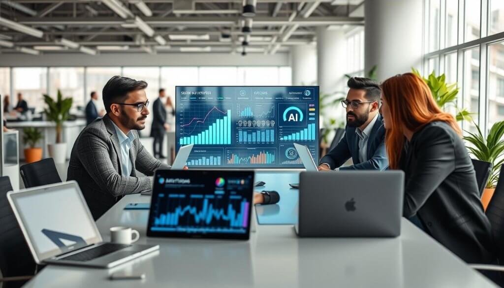 A modern office workspace featuring a team of diverse professionals engaged in a collaborative meeting focused on leveraging AI for sales development. In the foreground, a diverse group of three individuals, two men and one woman, all dressed in smart casual business attire, are gathered around a sleek conference table with laptops open, showcasing graphs and AI analytics on the screens. In the middle, a large digital display presents visualizations of sales data enhanced by AI, with futuristic graphics symbolizing data processing and automation. The background displays a bright office environment with large windows letting in natural light, potted plants adding a touch of greenery, and team members in the distance conversing and brainstorming. The overall atmosphere is dynamic and innovative, conveying a sense of forward-thinking collaboration.