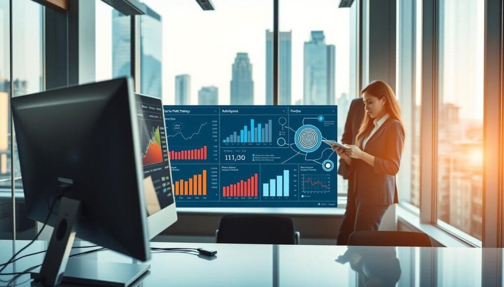A modern office workspace filled with advanced technology illustrating data automation for a go-to-market strategy. In the foreground, a sleek desktop computer displays dynamic graphs and charts highlighting growth metrics, while a pair of professionals in business attire analyze data on tablets. The middle ground features a digital dashboard with interconnected data flows and analytics visualizations, symbolizing automation. In the background, large windows reveal a cityscape, with ambient daylight filtering in, casting a professional and aspirational atmosphere. Use a wide-angle lens to capture the entire scene, focusing on the synergy between technology and teamwork in achieving scalable growth. Emphasize a clean, modern aesthetic with soft lighting to convey optimism and innovation in a corporate environment. A modern office workspace filled with advanced technology illustrating data automation for a go-to-market strategy. In the foreground, a sleek desktop computer displays dynamic graphs and charts highlighting growth metrics, while a pair of professionals in business attire analyze data on tablets. The middle ground features a digital dashboard with interconnected data flows and analytics visualizations, symbolizing automation. In the background, large windows reveal a cityscape, with ambient daylight filtering in, casting a professional and aspirational atmosphere. Use a wide-angle lens to capture the entire scene, focusing on the synergy between technology and teamwork in achieving scalable growth. Emphasize a clean, modern aesthetic with soft lighting to convey optimism and innovation in a corporate environment.