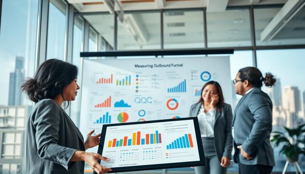 A modern, professional office environment with a focus on measuring outbound funnels. In the foreground, a diverse group of three professionals—two women and one man—dressed in business attire, are engaged in an analytical discussion over a large digital tablet displaying colorful graphs and metrics. In the middle layer, a large, clear whiteboard filled with visually engaging charts and notes on funnel stages. The background features floor-to-ceiling windows showcasing a city skyline, with soft natural light streaming in, creating an inviting atmosphere. The angle is slightly elevated, capturing both the team’s engagement and the data visualizations effectively. Aim for a balanced composition that conveys a collaborative and analytical mood, suitable for a business setting.