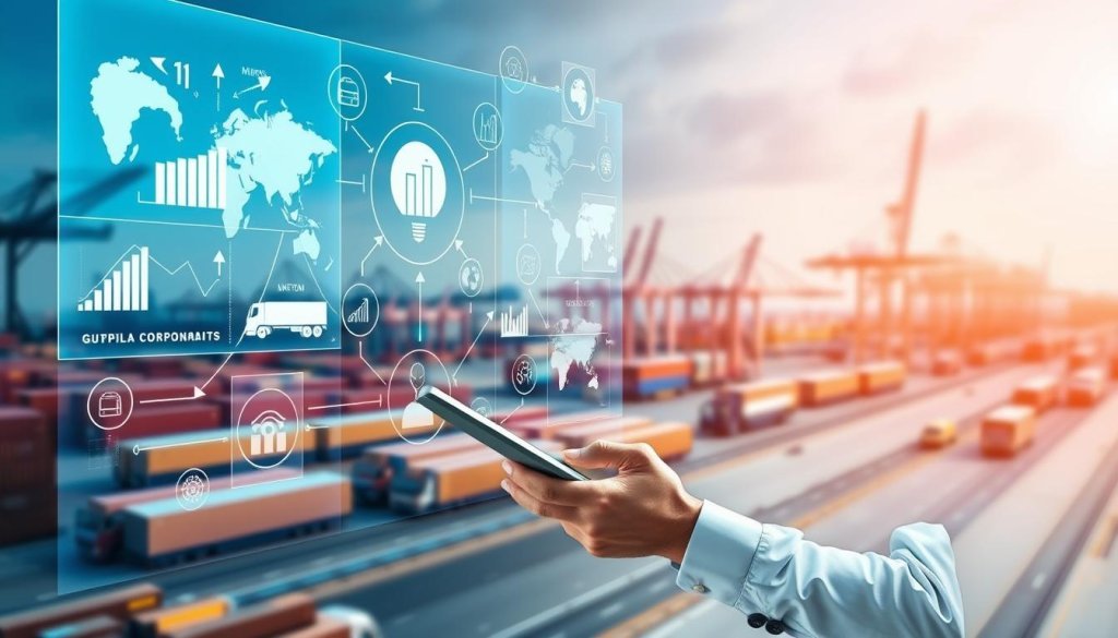 A modern supply chain visibility concept for auto components, featuring a detailed digital interface showcasing various logistics parts, such as cargo containers, transportation trucks, and shipping routes. In the foreground, a professional businessperson in formal attire analyzes data on a sleek tablet, surrounded by transparent screens displaying real-time metrics and supply chain analytics. The middle ground includes a network of interconnected icons symbolizing global trade, like arrows, maps, and gears. The background shows an industrial landscape with factories and a busy port. The image is well-lit with a bright, optimistic atmosphere, emphasizing the importance of transparency and efficiency in global logistics. The composition should capture a dynamic angle, offering depth and perspective on modern supply chain operations.